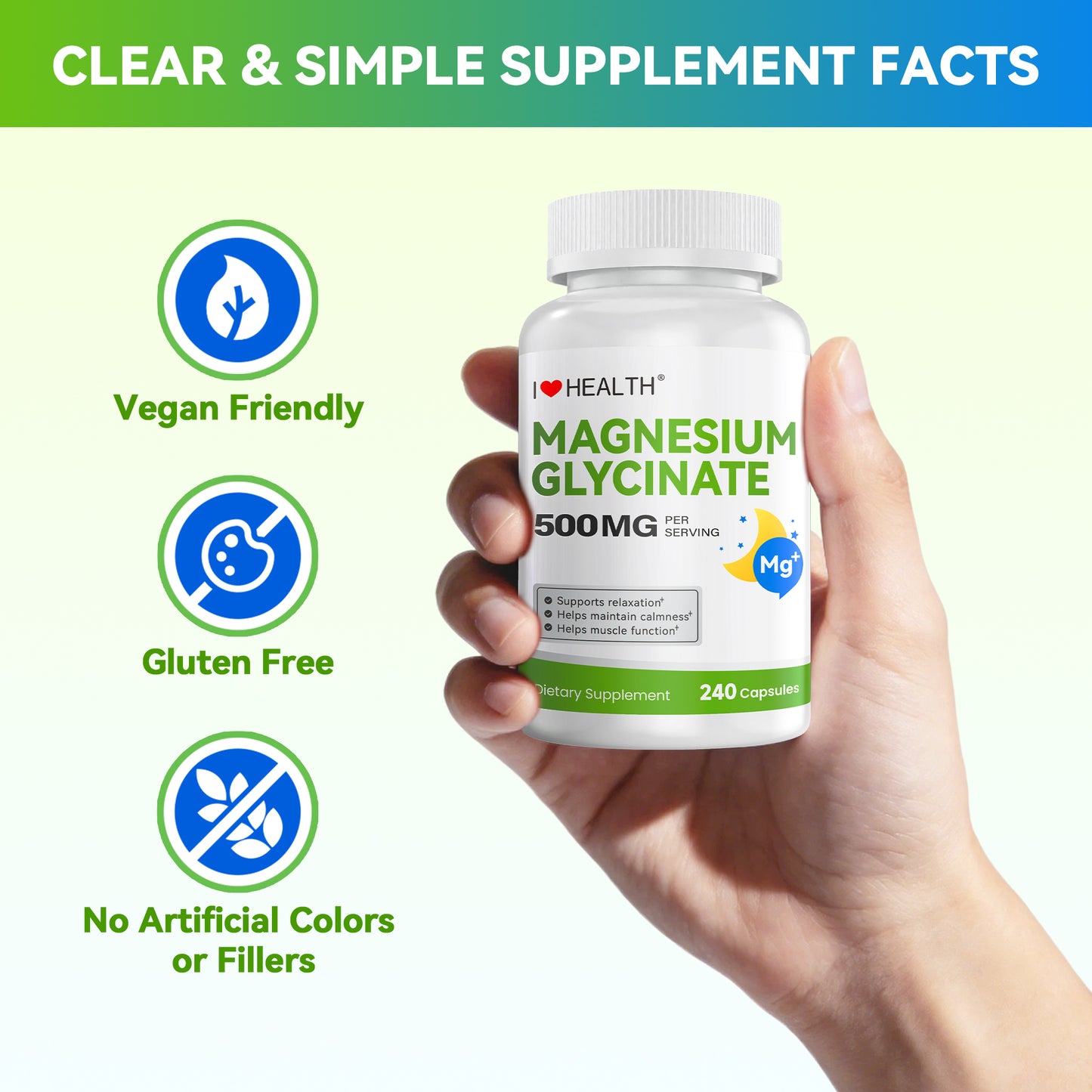 Magnesium Glycinate 500mg per Capsule – 240 Capsules – High Absorption Magnesium Supplement for Relaxation, Calmness & Muscle Support – Gentle on Stomach – Made in USA