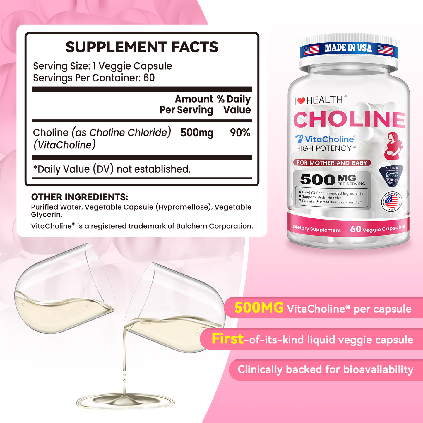 VitaCholine® Liquid Choline 500mg Supplement, Clinical Study - Award Winning - Prenatal Formula to Support Baby’s Brain Development During Pregnancy and Breastfeeding, 60 Day Supply