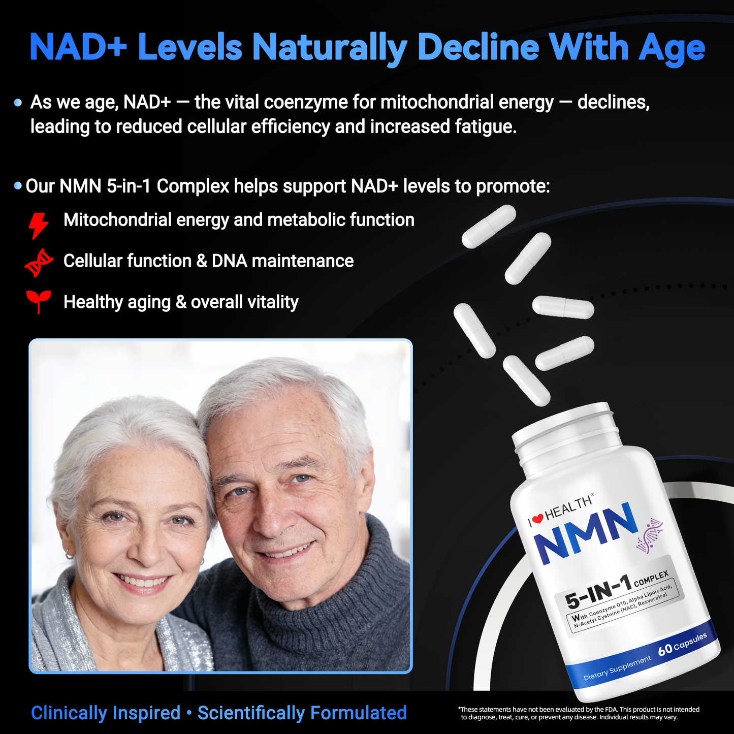 I Love Health NMN 5-In-1 Complex Plus+ for Women & Men W/ NAC, Alpha Lipoic Acid, NMN, Coenzyme Q10, Resveratrol | 60 Capsules | Supports Energy,Anti-Aging, Antioxidant & Cellular Health