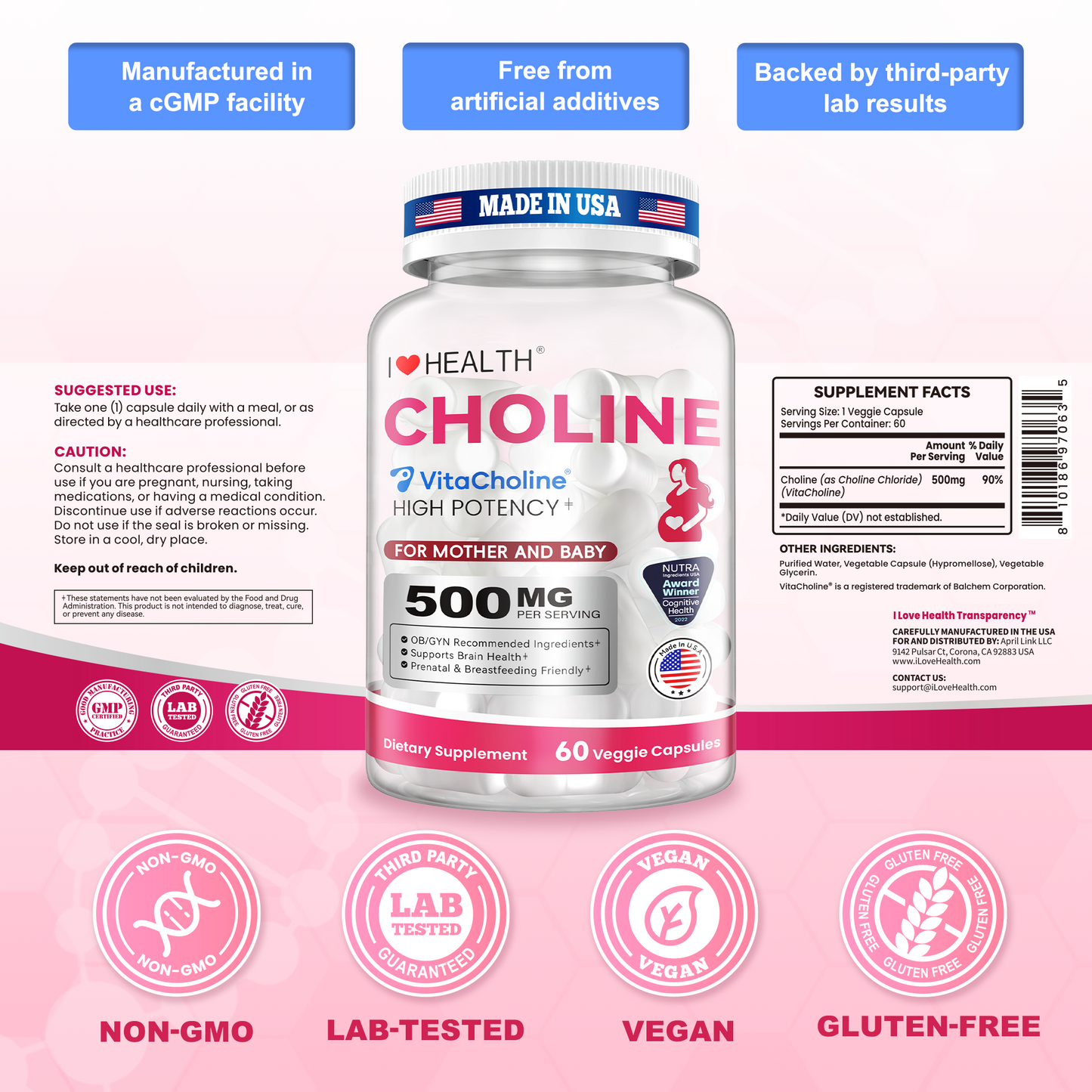 VitaCholine® Liquid Choline 500mg Supplement, Clinical Study - Award Winning - Prenatal Formula to Support Baby’s Brain Development During Pregnancy and Breastfeeding, 60 Day Supply