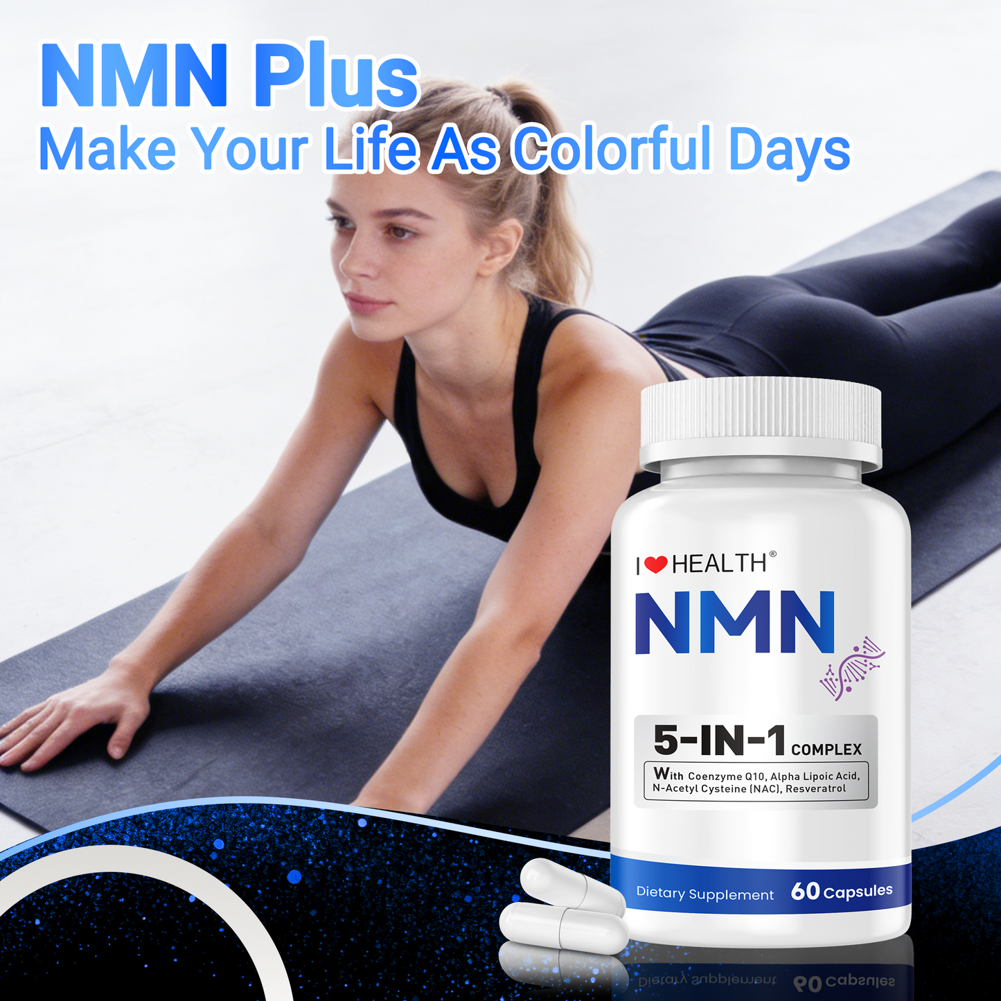 I Love Health NMN 5-In-1 Complex Plus+ for Women & Men W/ NAC, Alpha Lipoic Acid, NMN, Coenzyme Q10, Resveratrol | 60 Capsules | Supports Energy,Anti-Aging, Antioxidant & Cellular Health