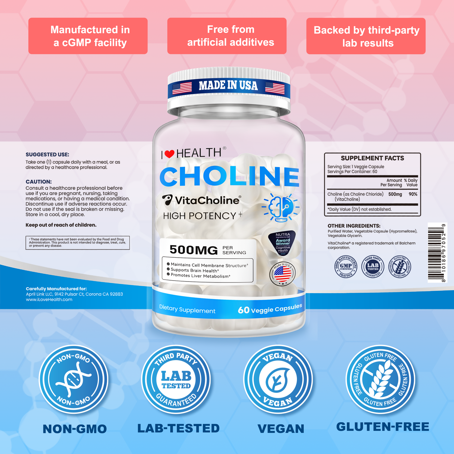 First Liquid Choline Supplement 500mg with VitaCholine® – USA Cognitive Health Award Winner – Superior Absorption – Supports Pregnancy, Baby Brain Development, Liver & Cell Health – 60 Veggie Capsules