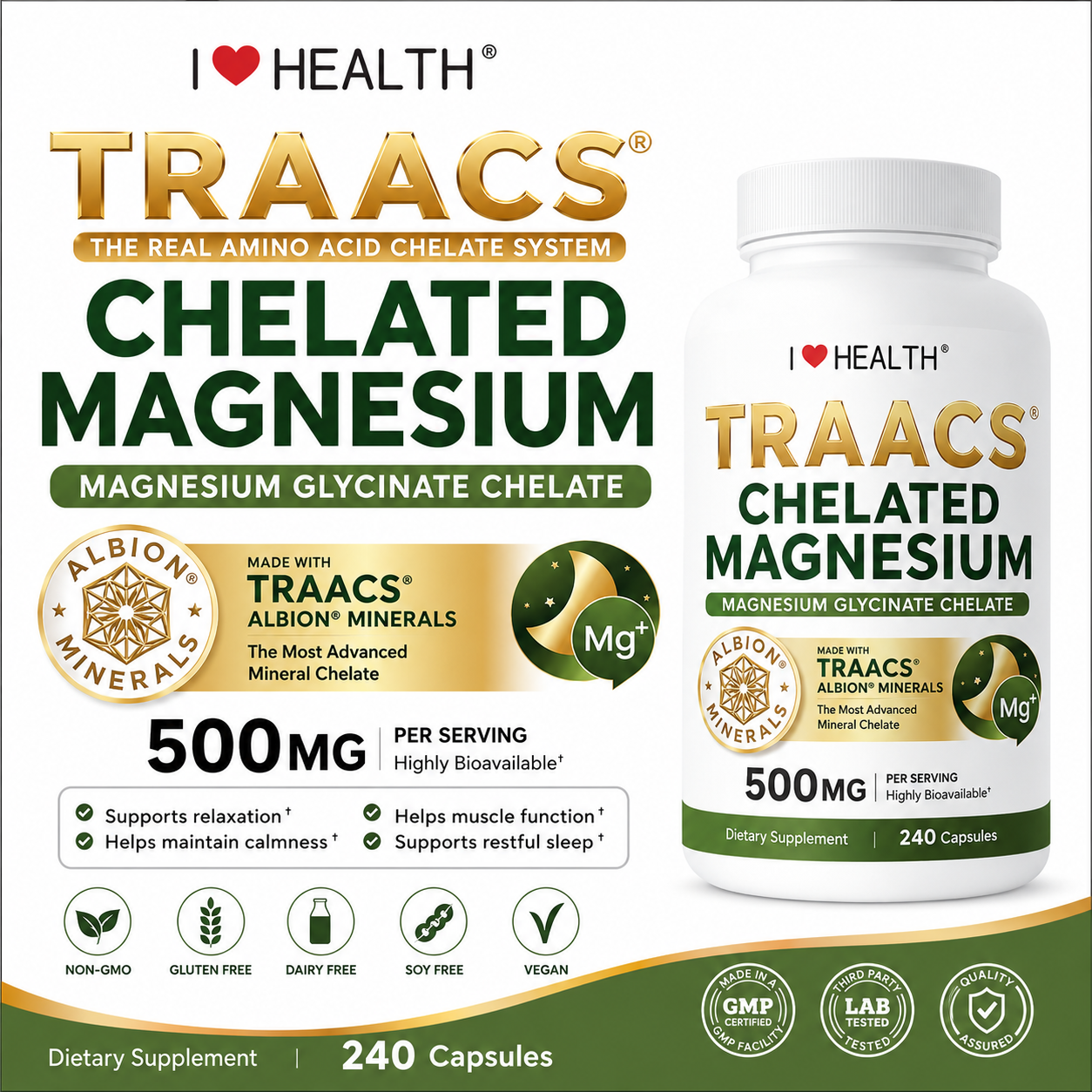 Magnesium Glycinate 500MG, Albion TRAACS Chelated Magnesium Supplement, Made in USA