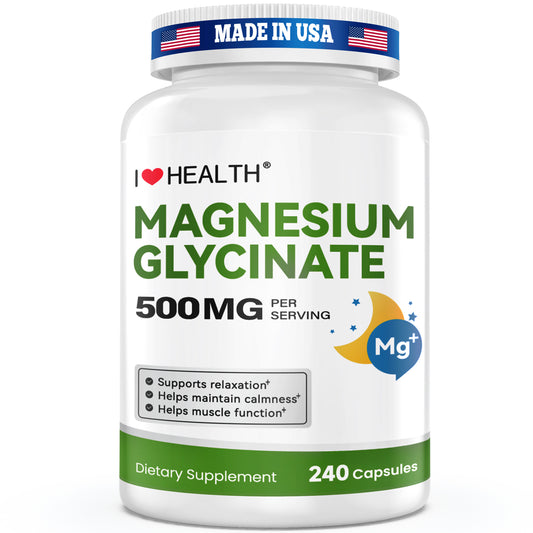 Magnesium Glycinate 500mg per Capsule – 240 Capsules – High Absorption Magnesium Supplement for Relaxation, Calmness & Muscle Support – Gentle on Stomach – Made in USA