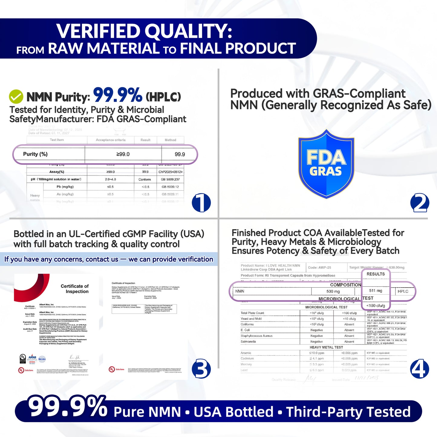 NMN 1000mg Supplement Per Serving,99.9% Pure Nicotinamide Mononucleotide,NAD+ Support Cellular Energy & Healthy Aging for Men & Women,60 Capsules(30-Day Supply),Third-Party Tested,cGMP