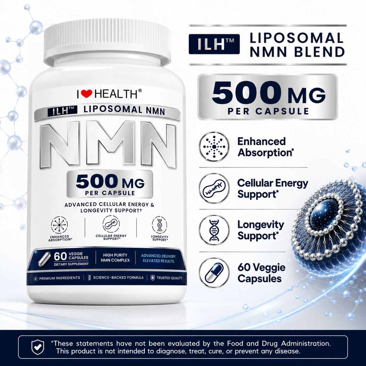 Liposomal NMN 500mg Supplement with ILH™ NMN Blend – 60 Veggie Capsules