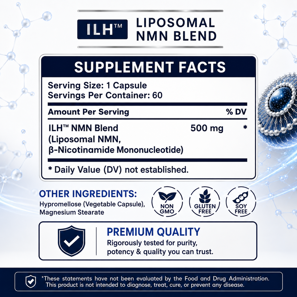 Liposomal NMN 500mg Supplement with ILH™ NMN Blend – 60 Veggie Capsules