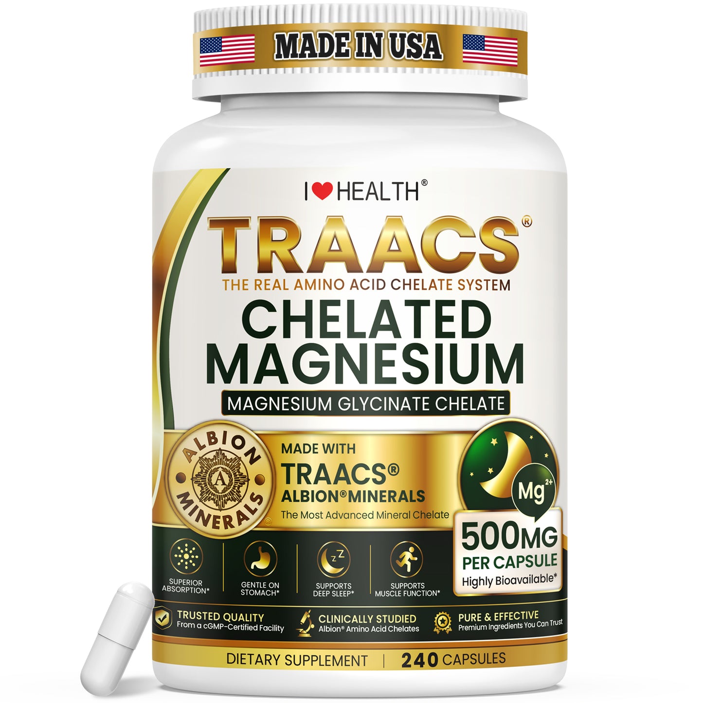 Magnesium Glycinate 500MG, Albion TRAACS Chelated Magnesium Supplement, Made in USA