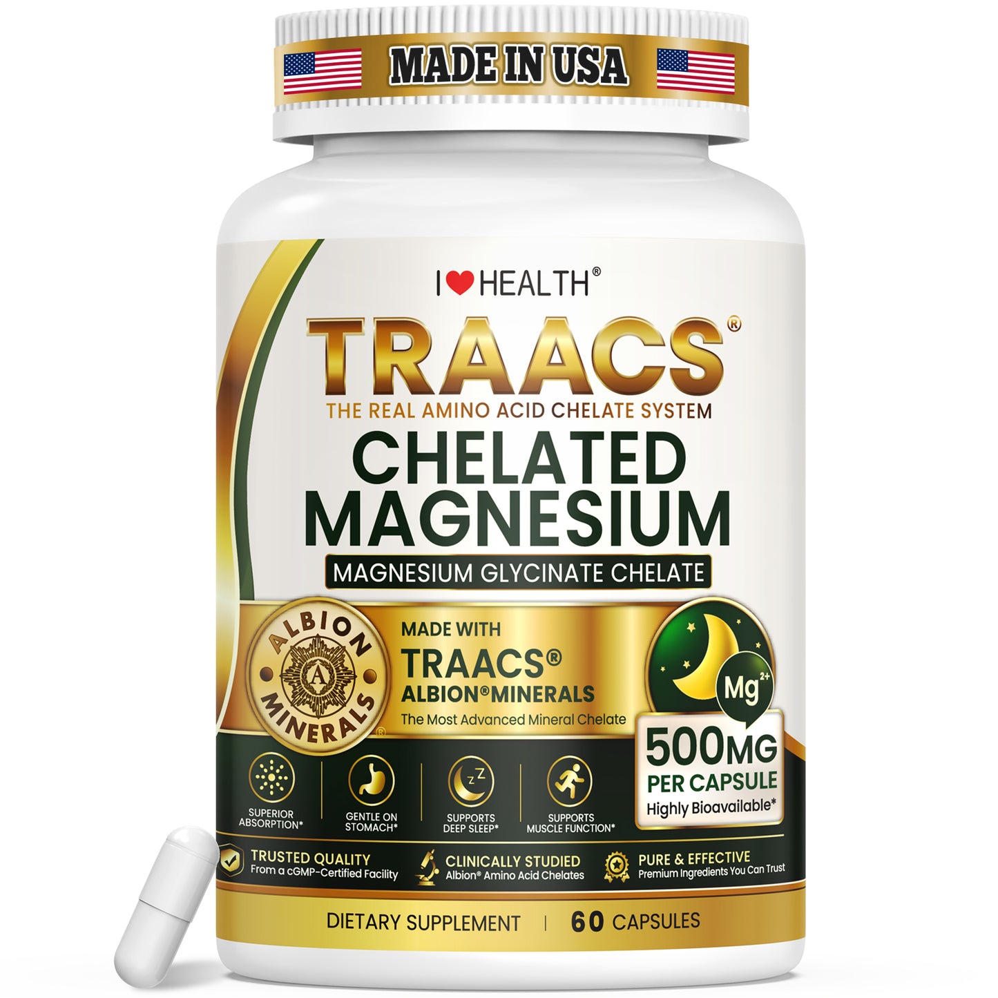 Magnesium Glycinate 500MG, Albion TRAACS Chelated Magnesium Supplement, Made in USA