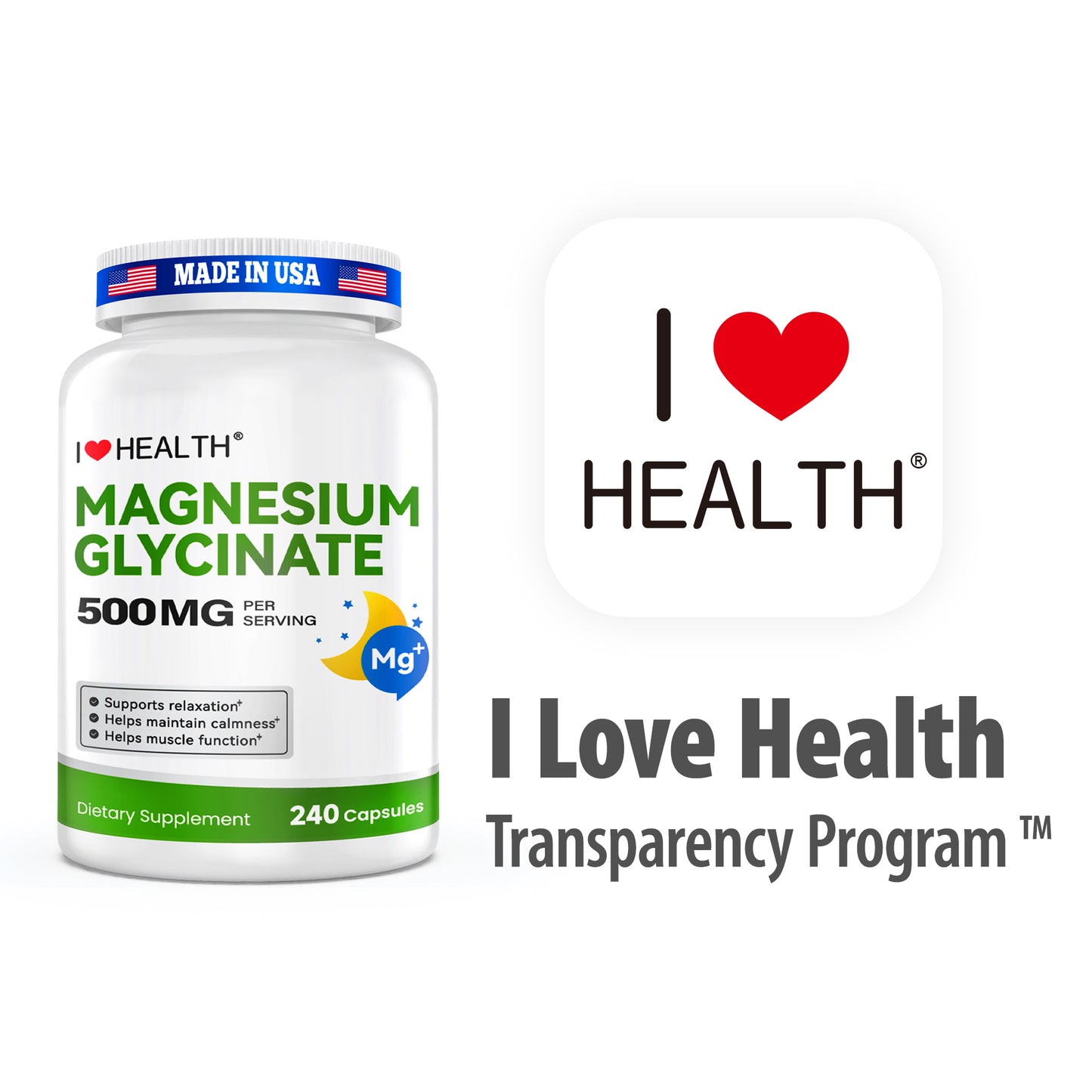 Magnesium Glycinate 500mg per Capsule – 240 Capsules – High Absorption Magnesium Supplement for Relaxation, Calmness & Muscle Support – Gentle on Stomach – Made in USA