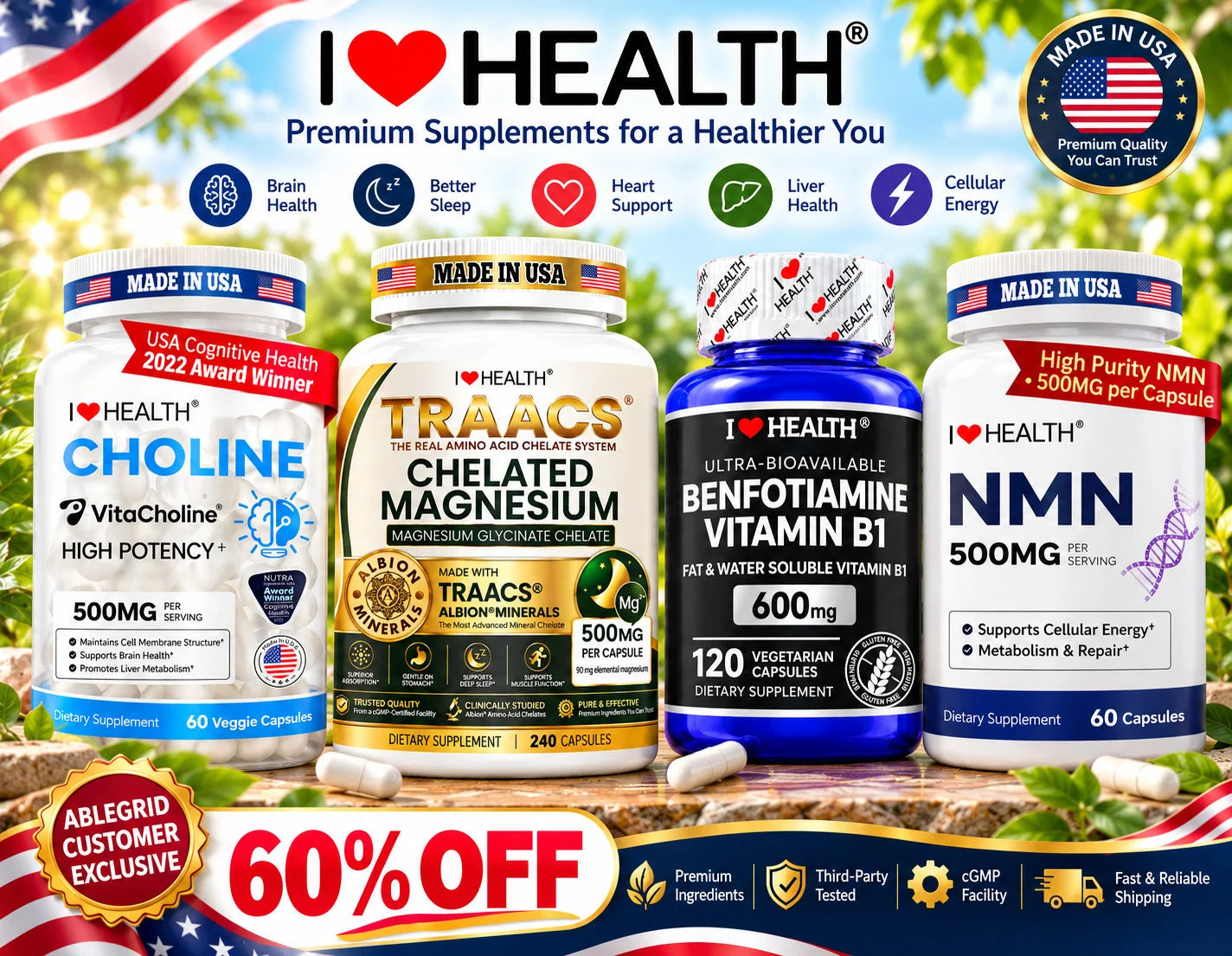 Four I ♥ HEALTH® classic supplements and the ABLEGRID® customer 60 percent off offer