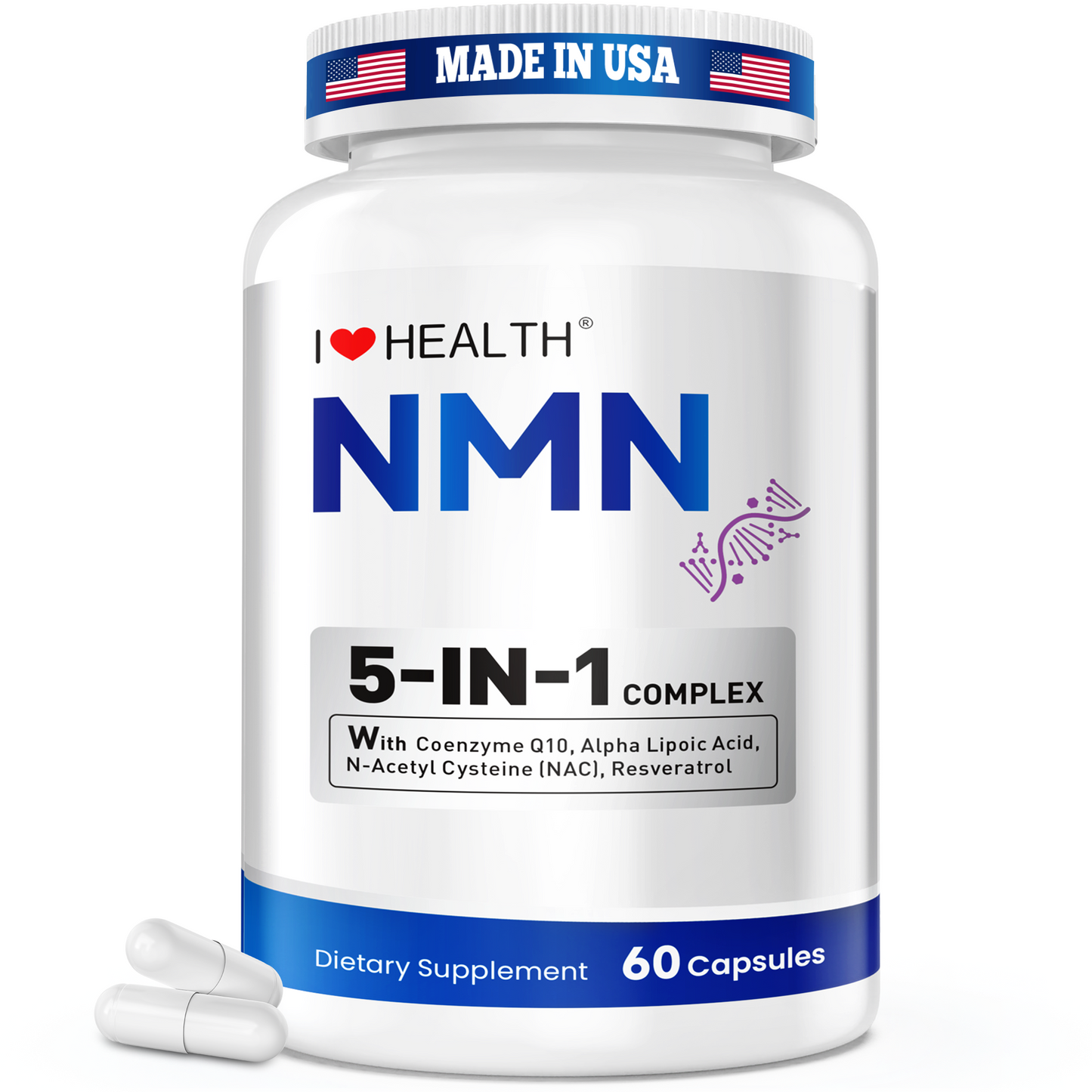 I Love Health NMN 5-In-1 Complex Plus+ for Women & Men W/ NAC, Alpha Lipoic Acid, NMN, Coenzyme Q10, Resveratrol | 60 Capsules | Supports Energy,Anti-Aging, Antioxidant & Cellular Health