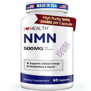 NMN 500mg dietary supplement bottle, 60 capsules, made in USA, supports cellular energy