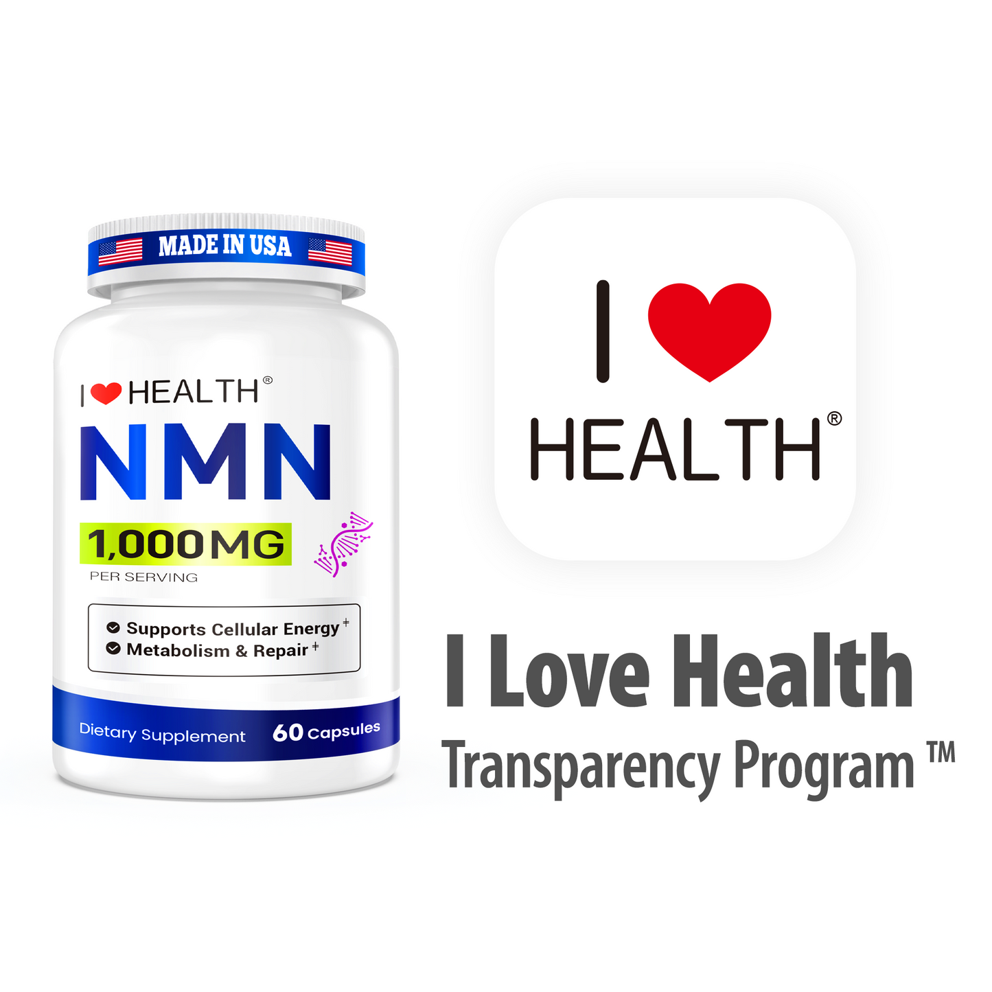 NMN 1000mg Supplement Per Serving,99.9% Pure Nicotinamide Mononucleotide,NAD+ Support Cellular Energy & Healthy Aging for Men & Women,60 Capsules(30-Day Supply),Third-Party Tested,cGMP